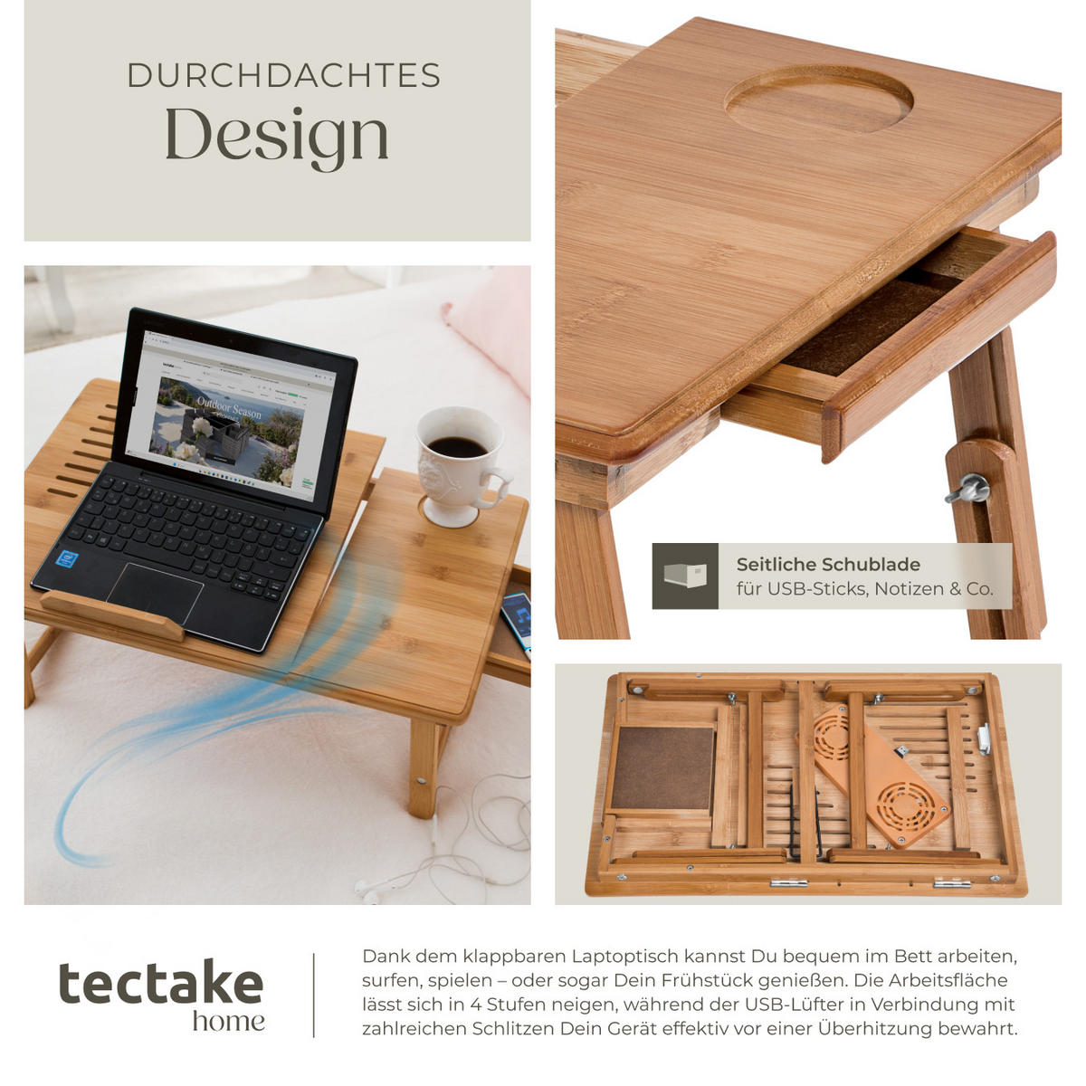 LAPTOPTISCH Kerstin,55 x 35 x 26 cm,braun - Braun, Holz (55/35/26cm) - tectake