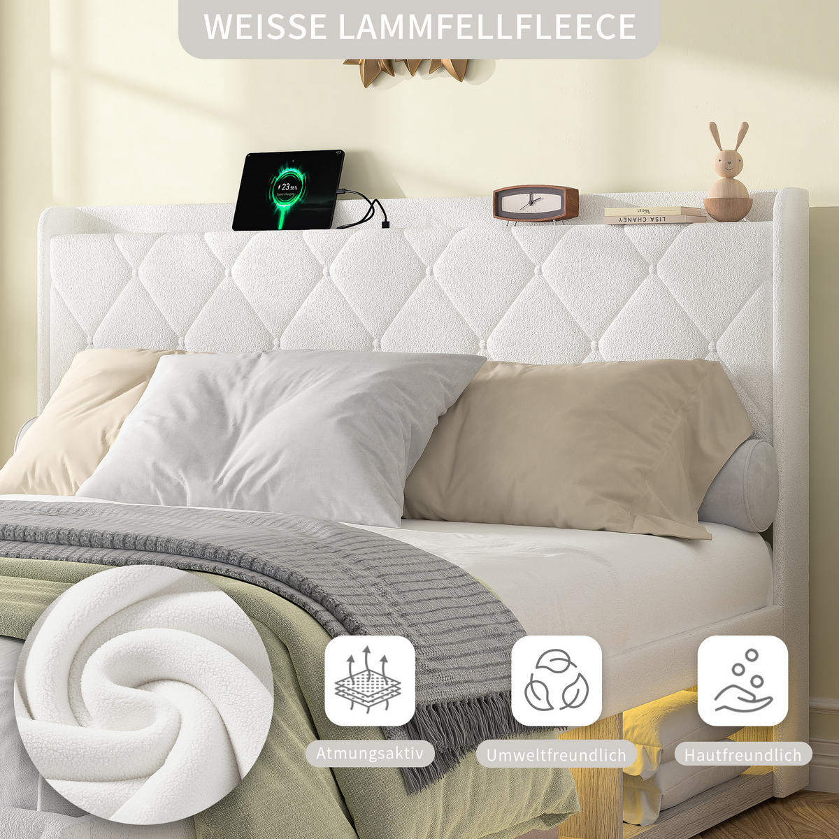 POLSTERBETT 160/200 cm Beige mit 6 Ablagefächer, USB-Ladefunktion und LED-Lichtleisten - Weiß, Textil (160/200cm) - Oxeza