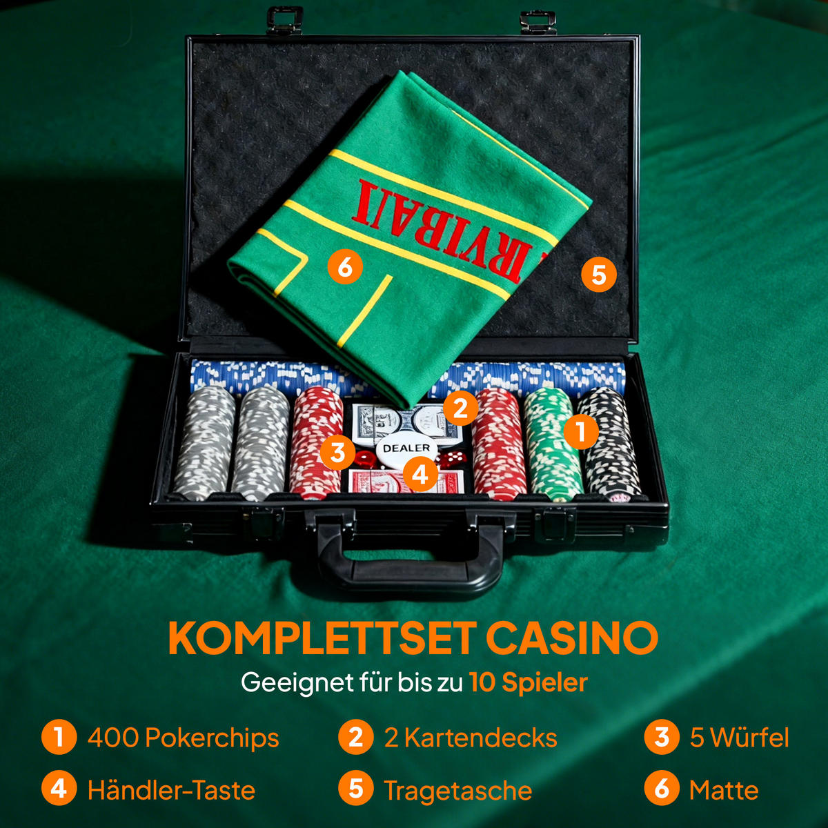 POKERKOFFER Pokerset mit 400 Chips 11,5 Gramm 2 Kartendecks 5 Würfeln - Grau, Kunststoff (28/39.5cm) - SPORTNOW
