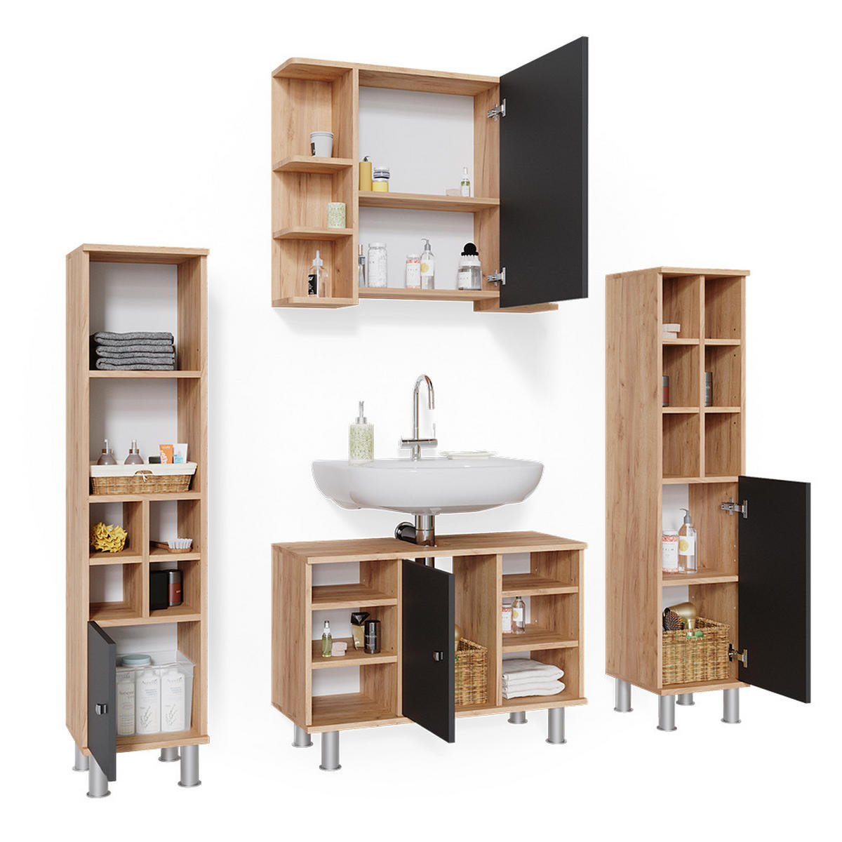 BADMÖBEL-SET Fynn Goldkraft Eiche 4 Teile, mit Midischränke - Anthrazit/Eiche Wotan, Holzwerkstoff (60/54/32cm) - Vicco