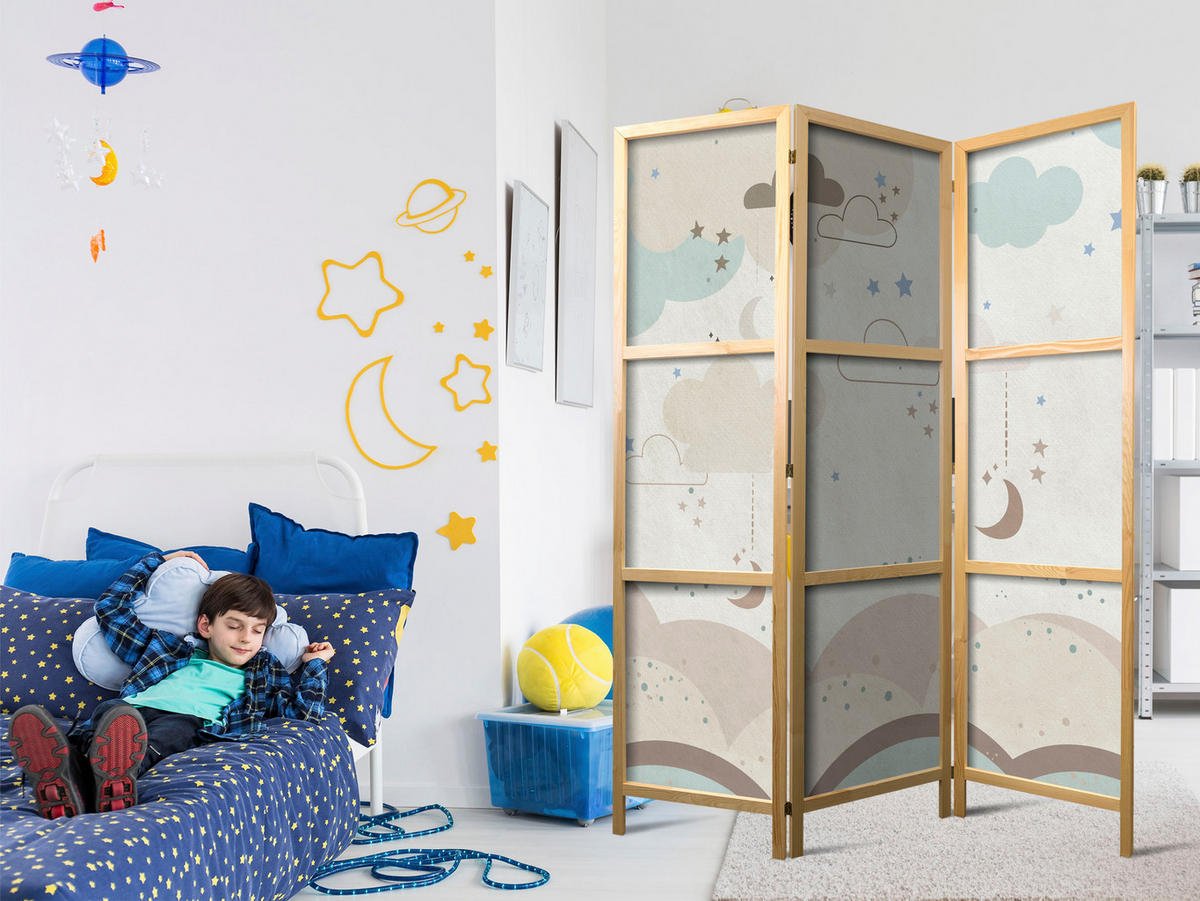 PARAVENT Japanischer 3-tlg 135x172 cm Pastellfarbene Wolken und Sterne - Beige, Holz/Textil (135/172/3cm) - Muralo