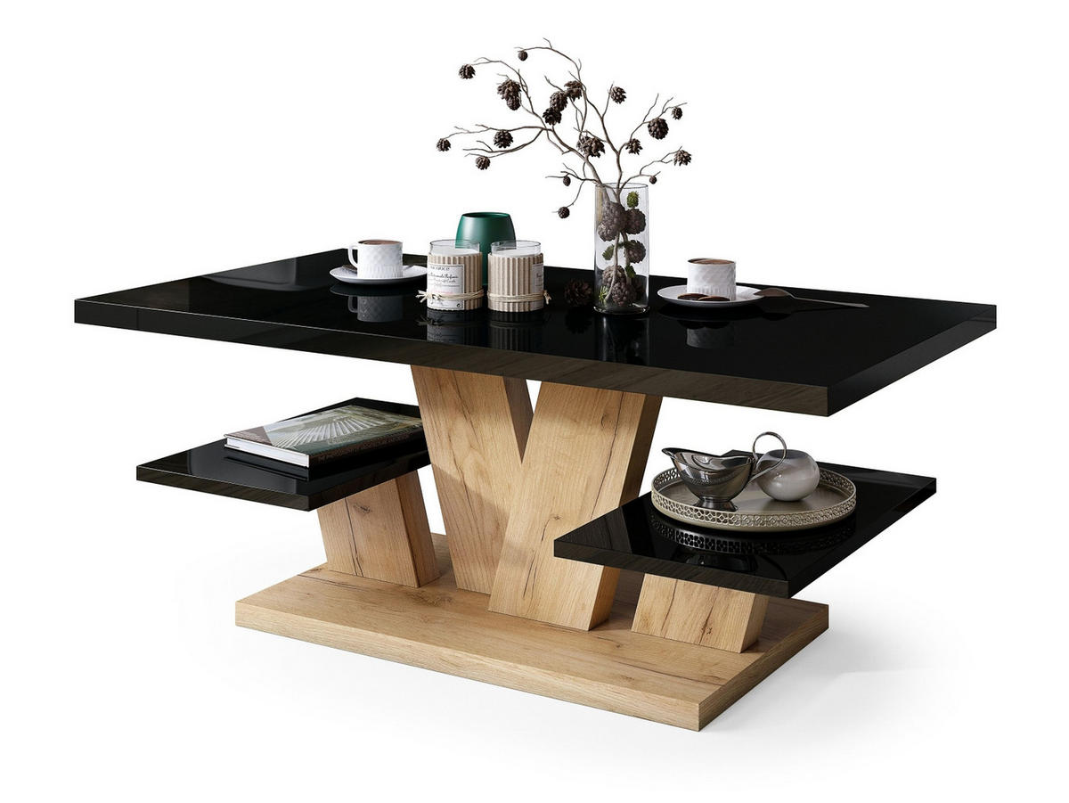 COUCHTISCH rechteckig Schwarz Hochglanz - Eiche Gold 110/60/45 cm - Schwarz Hochglanz, Holzwerkstoff (60/110/45cm) - designimpex