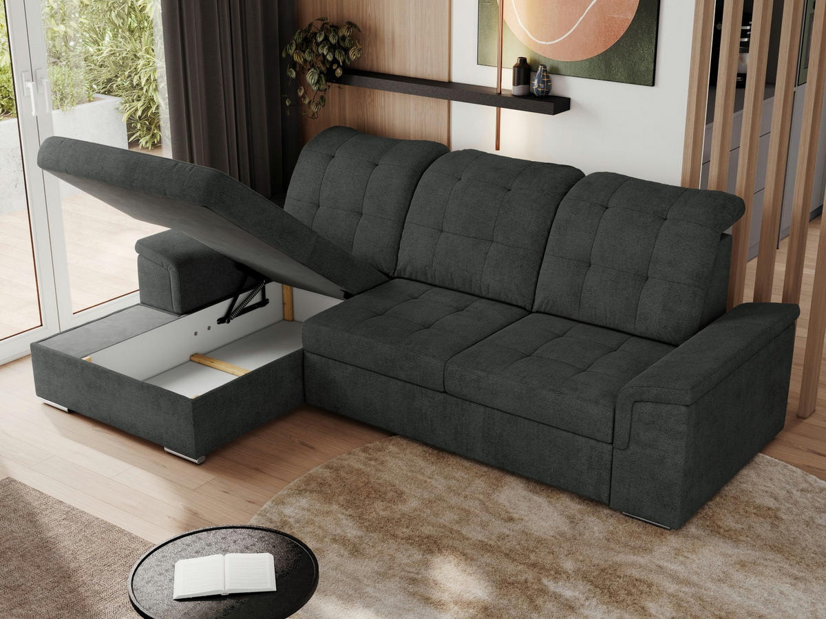 ECKSOFA MADRITO L - Dunkelgrau Struktur - Links - Dunkelgrau/Silberfarben, Textil/Metall (160/256cm)