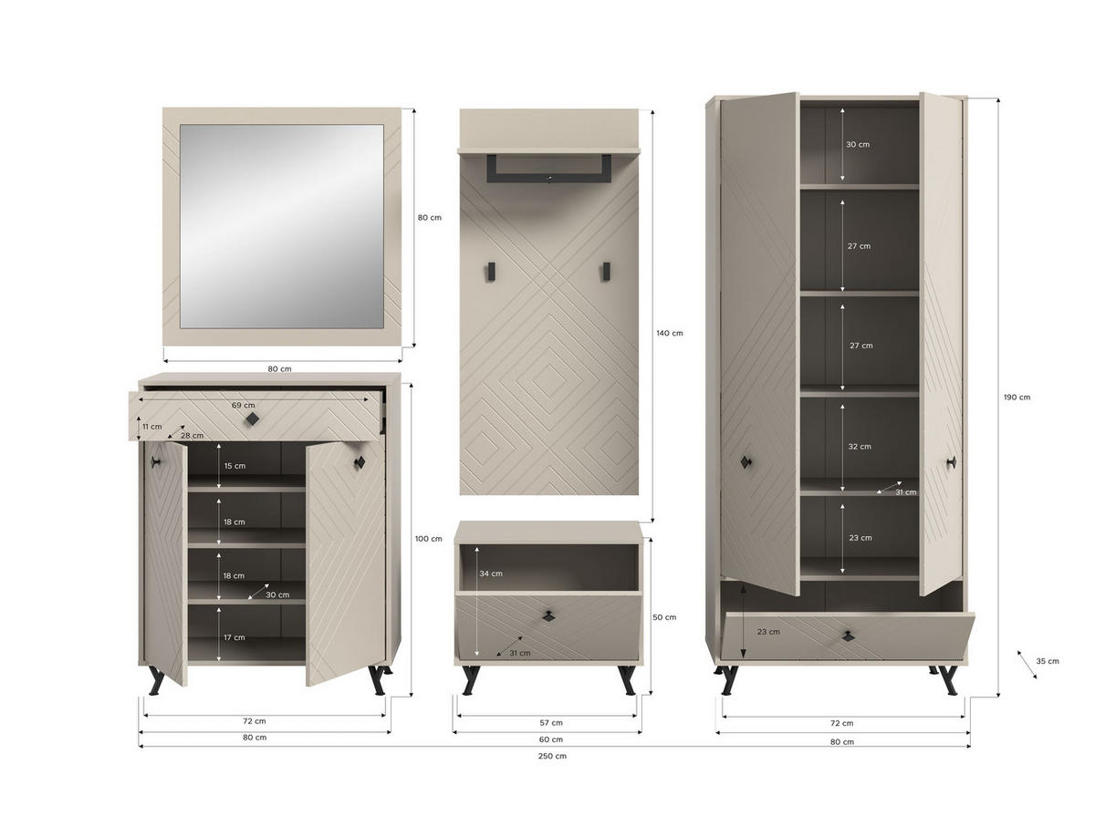 GARDEROBEN-SET NOTES 5-tlg. (B/H/T: ca. 250/190/35 cm) in sandbeige/sandbeige matt - Sandfarben, Holzwerkstoff (250/190/35cm)