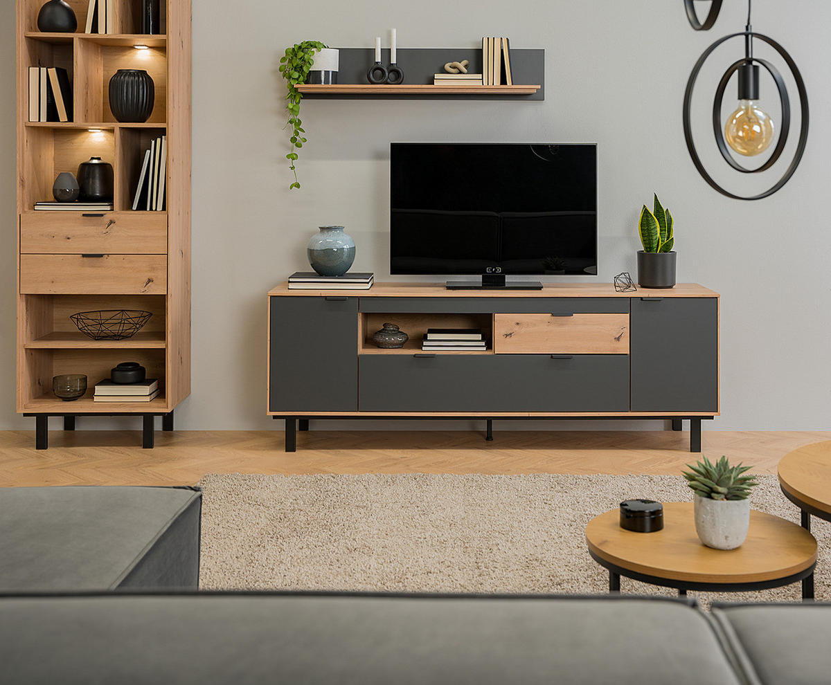 TV-LOWBOARD - Graphit / Eiche Artisan Dekor - Eichefarben/Schwarz, Holzwerkstoff/Metall (180/63/44cm) - home24