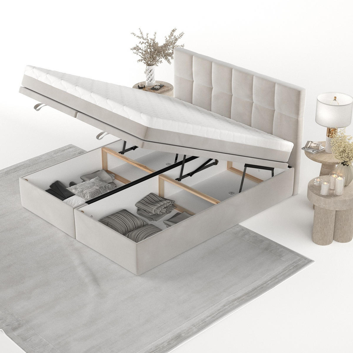 BOXBETT Elano 200/200 cm Hellbeige im Paros Stoff - Beige/Schwarz, Holz/Holzwerkstoff (200/200cm) - AltaBeds