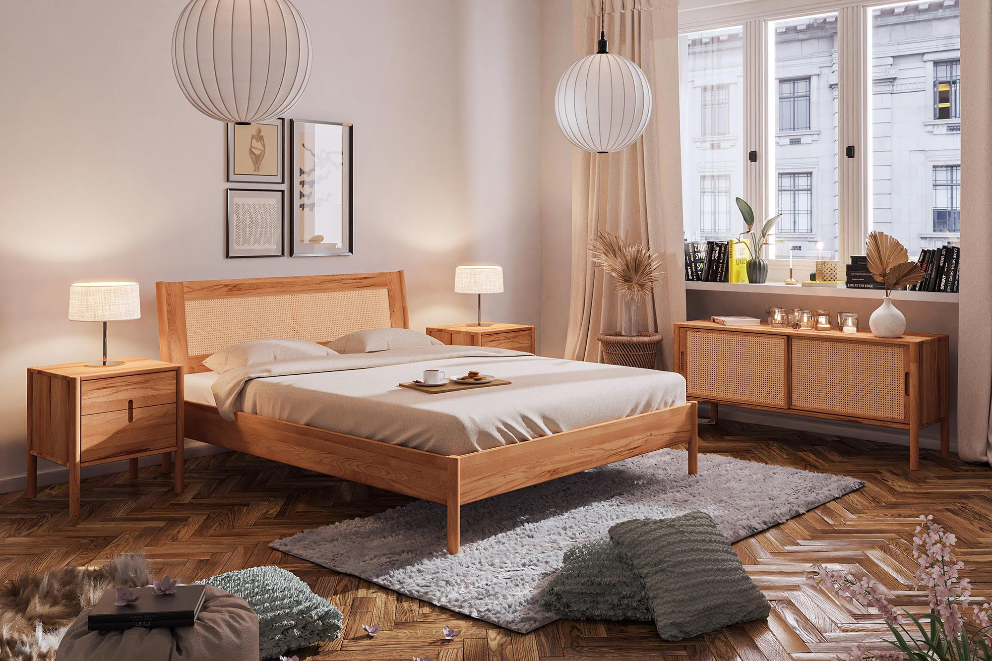 BETT MIT RATTANKOPFTEIL INA 200x220 Kernbuche - Creme, Holz (200/220cm) - byoak