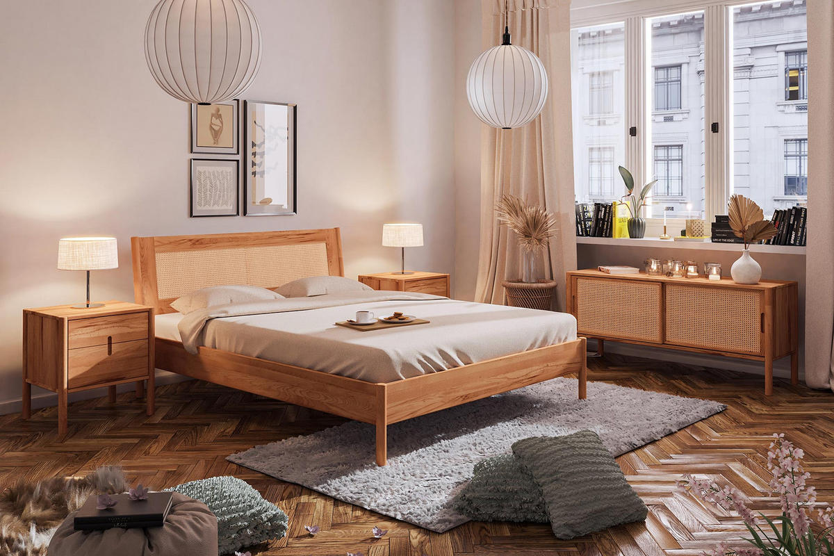 BETT MIT RATTANKOPFTEIL INA 90x220 Kernbuche - Creme, Holz (90/220cm) - byoak