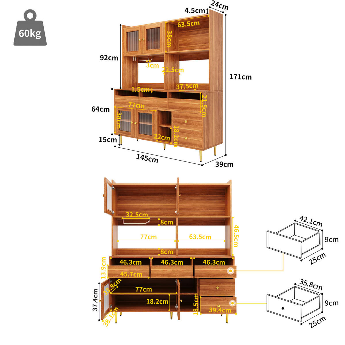BUFFET 145/171/39 cm walnussfarben aus MDF mit Changhong-Glastür und Weinregal - Walnussfarben, Holzwerkstoff (39/171/145cm) - OKMYHOME