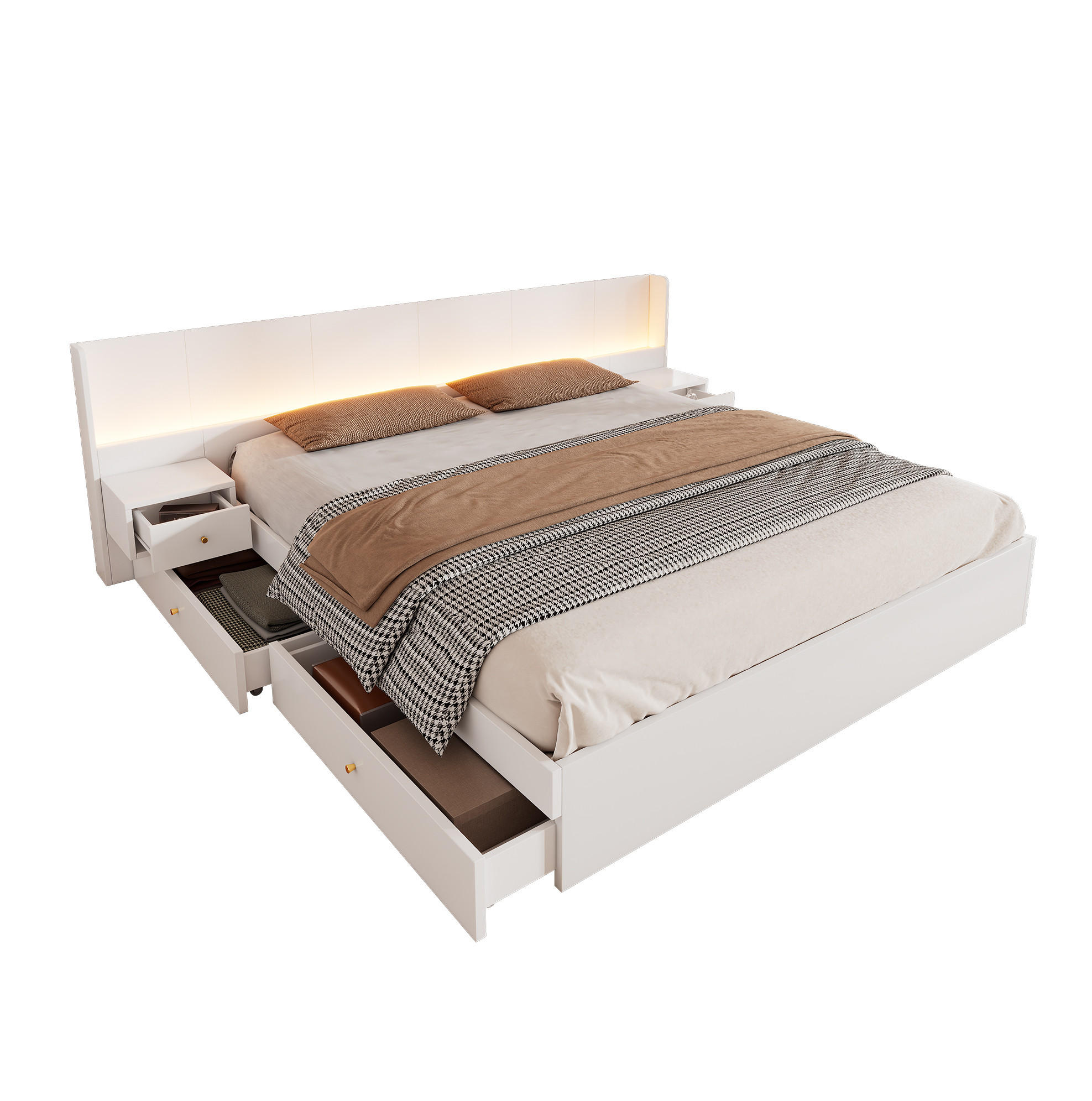OKWISH DVOULŮŽKOVÁ postel 180/200 cm bílá z MDF s USB, LED osvětlením a úložnými zásuvkami