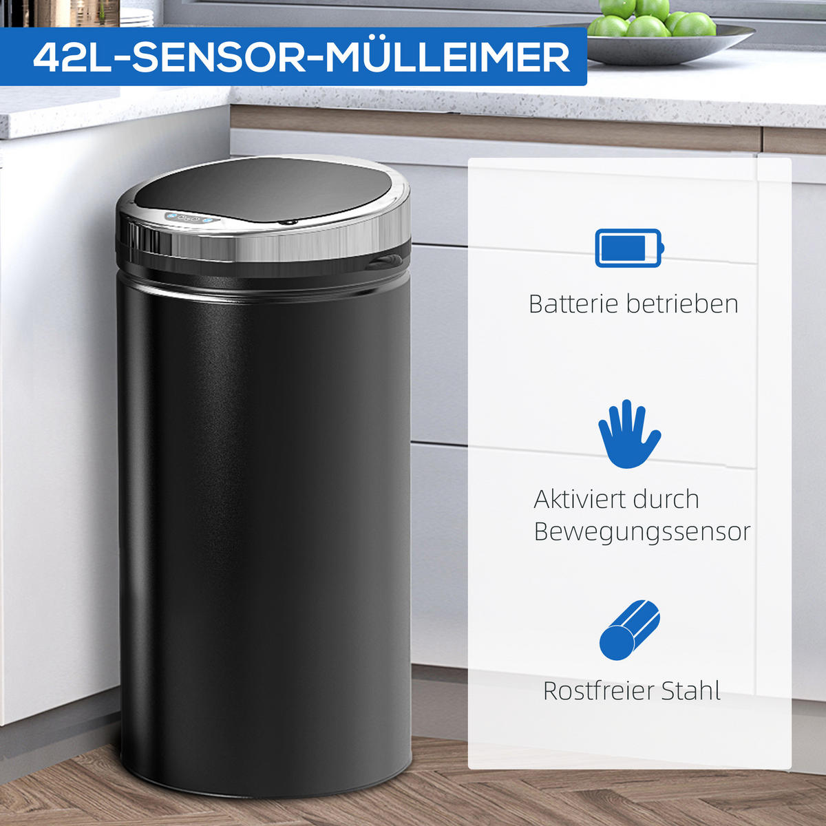 MÜLLEIMER Schwarz 30.5/30.5/68.0 cm - Schwarz, Metall (30.5/68/30.5cm) - HOMCOM
