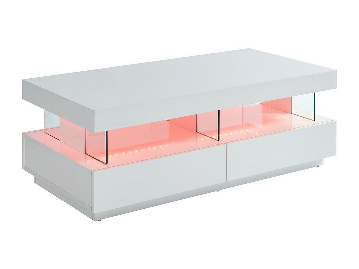 COUCHTISCH mit 2 Schubladen & 2 Ablagen + LEDs - MDF lackiert - Weiß - FABIO - Weiß, Holz (120/60/42cm) - Vente-Unique