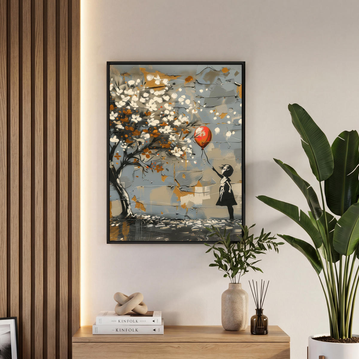 LEINWAND Bilder mit Rahmen - Baum - Graffiti - Banksy-Stil - Ballon-Mädchen - 50x70 - Blaugrau, Textil (50/70cm) - MuchoWow