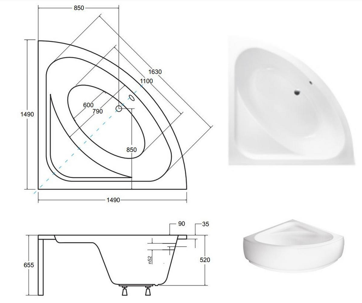 BADEWANNE Eckwanne LUKSJA 148/148 mit Schürze Ablauf Füße - Weiß, Kunststoff (148/65.5/148cm) - bad land