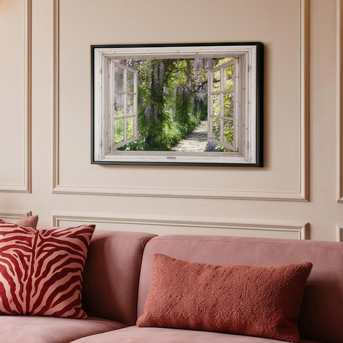 LEINWAND Bilder mit Rahmen - Blauer Regen - Blumen - Aussicht - Baum - Frühling - 60x40 - Grün, Textil (60/40cm) - MuchoWow