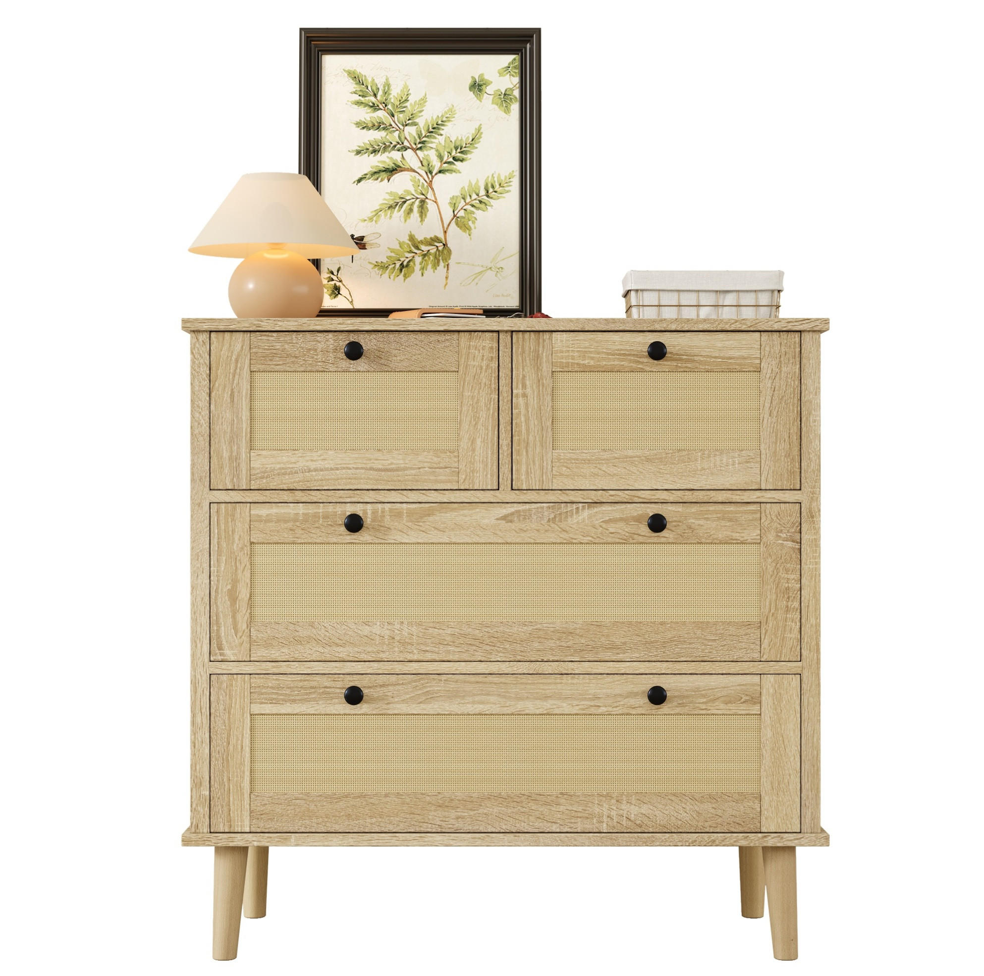KOMMODE, 4 Schubladen, PE-Rattan-Design mit Massivholzbeinen, 80x40x80 cm, Natur - Naturfarben, Holzwerkstoff (40/80/80cm) - Modfu