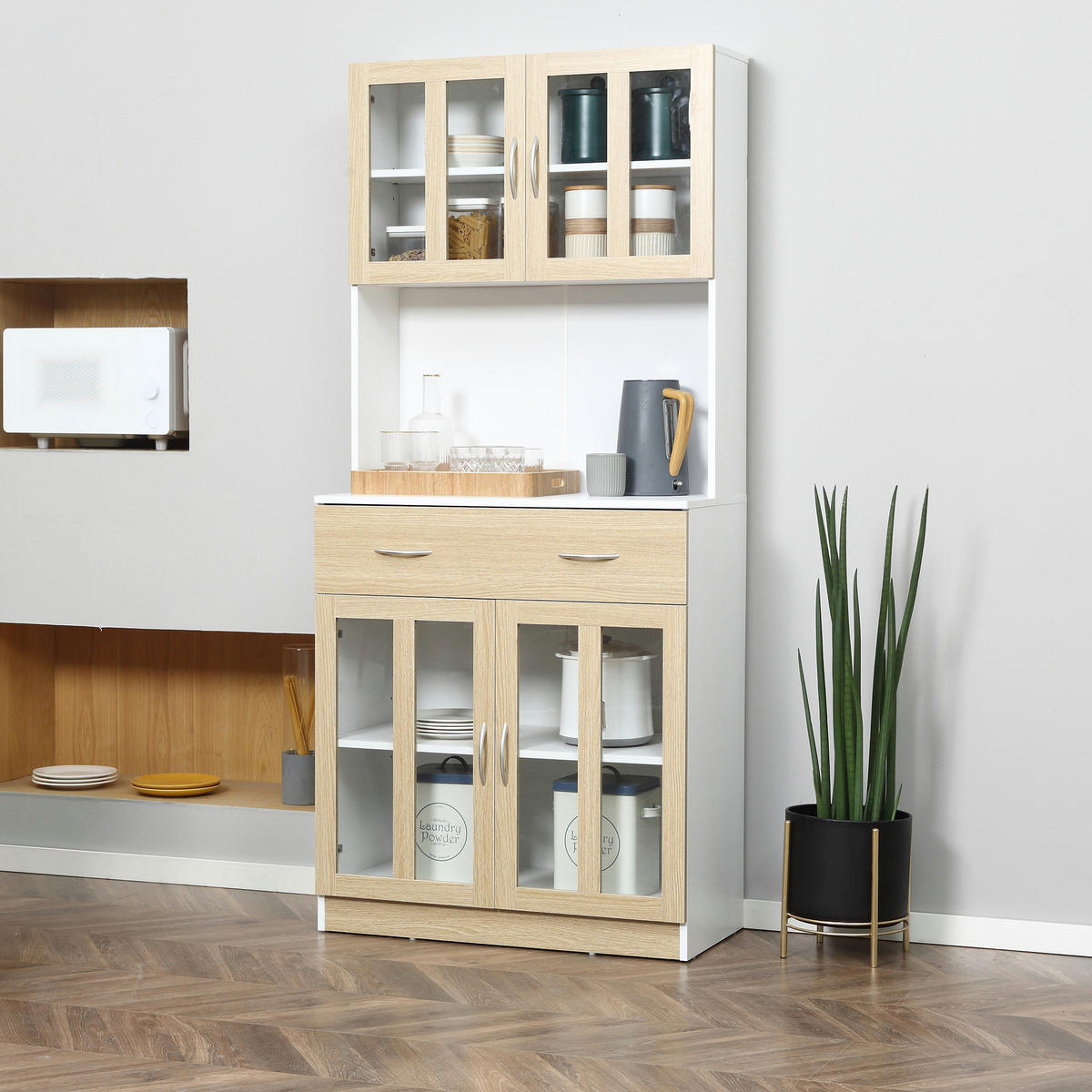 BUFFET DE-11004 4 Glastüren Weiß/Eiche hell - Weiß, Holzwerkstoff (40/180/80cm) - ComfortXL