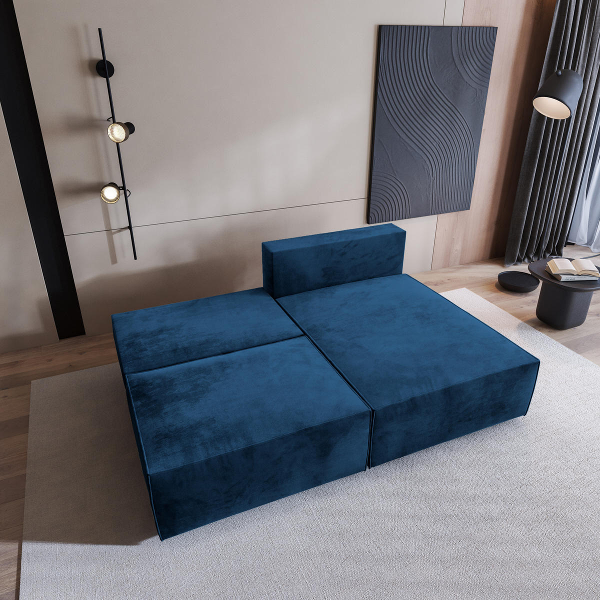 ECKSOFA FIORO M Blau Velours-Stoff mit Schlaffunktion - Blau, Holz (204/148cm) - MASSENO