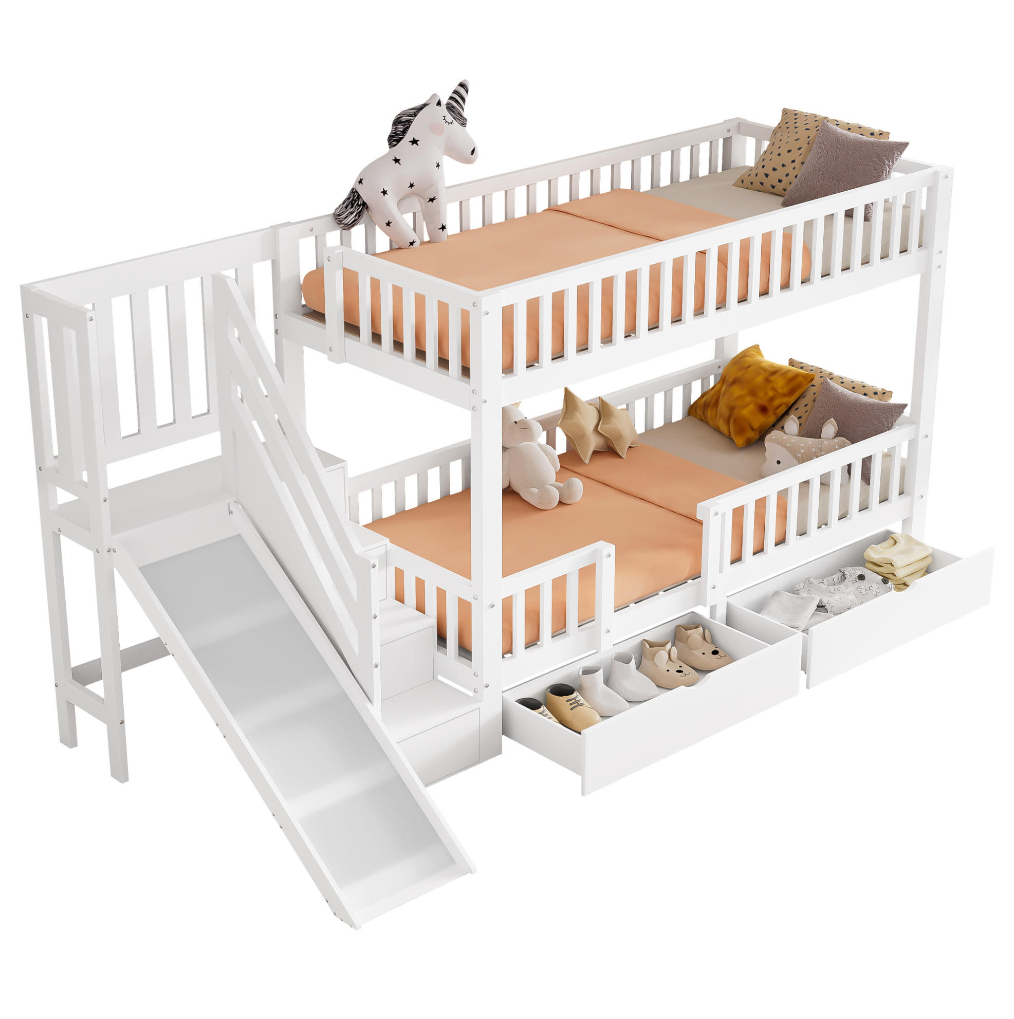 ETAGENBETT 90/200 cm Weiß aus Massivholz mit Rutsche, Treppe und 2 Schubladen - Weiß, Holz (90/200cm) - Flora Grace