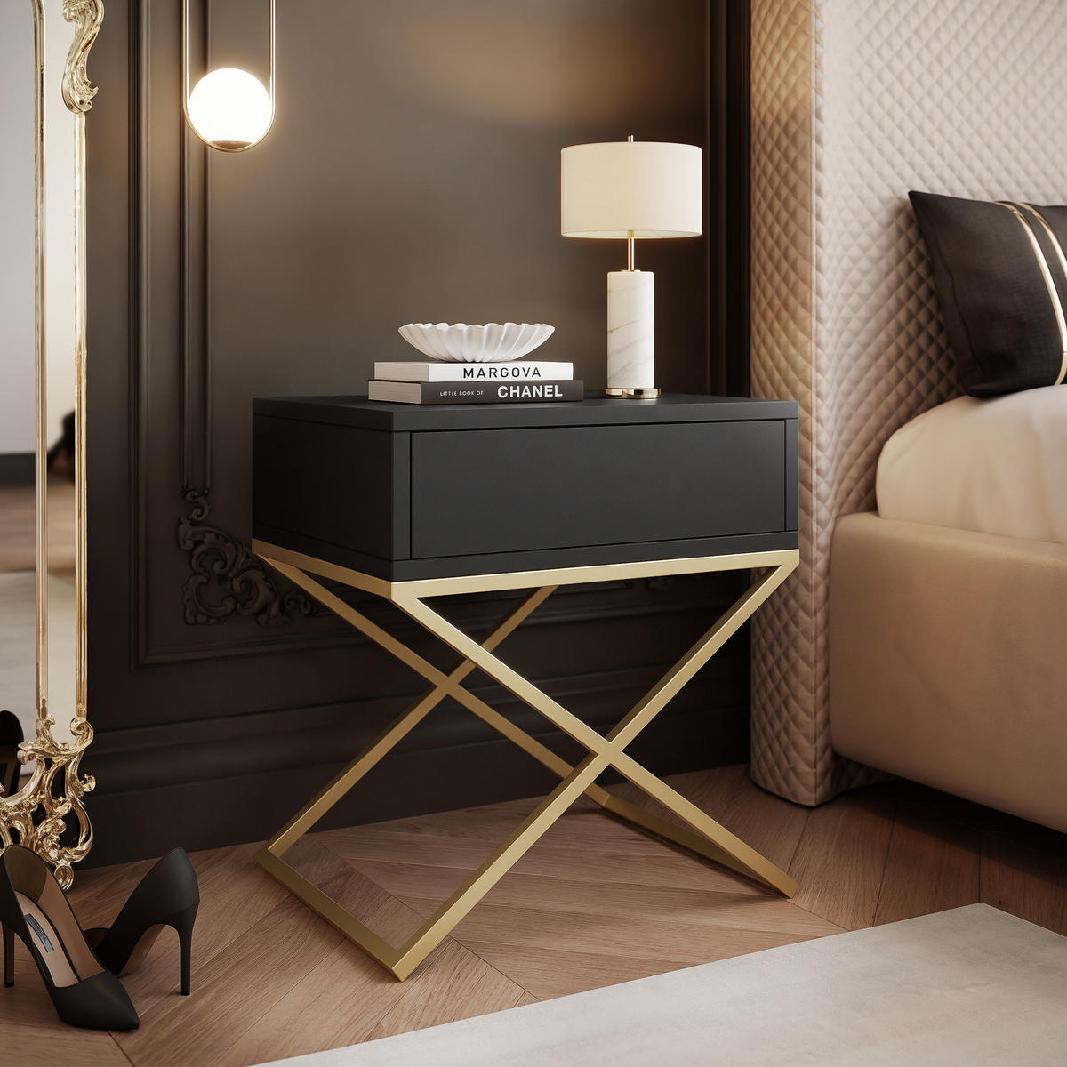 NACHTSCHRANK KSENO mit Schublade, 45/35/50 cm, Goldfarben / Schwarz - Goldfarben/Schwarz, Holzwerkstoff/Metall (45/50/35cm) - Idohome