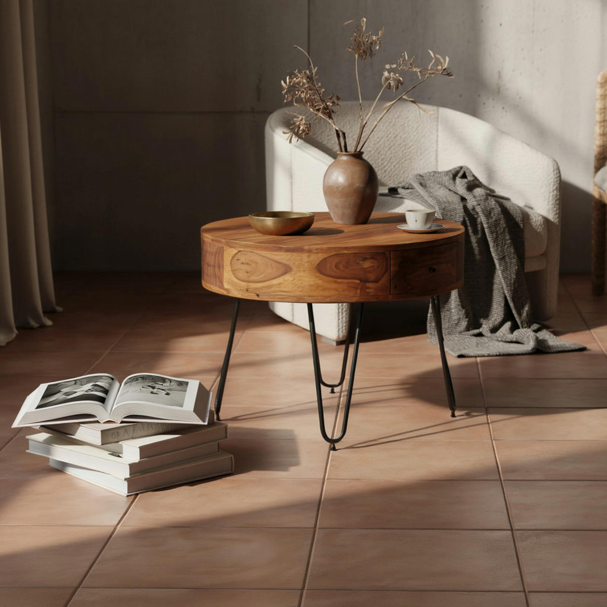 COUCHTISCH Sheesham-Massivholz Schwarz, Metallbeine, Handgefertigt, Mit Schubladen - Schwarz/Braun, Holz/Metall (60/60/44cm) - KADIMA DESIGN