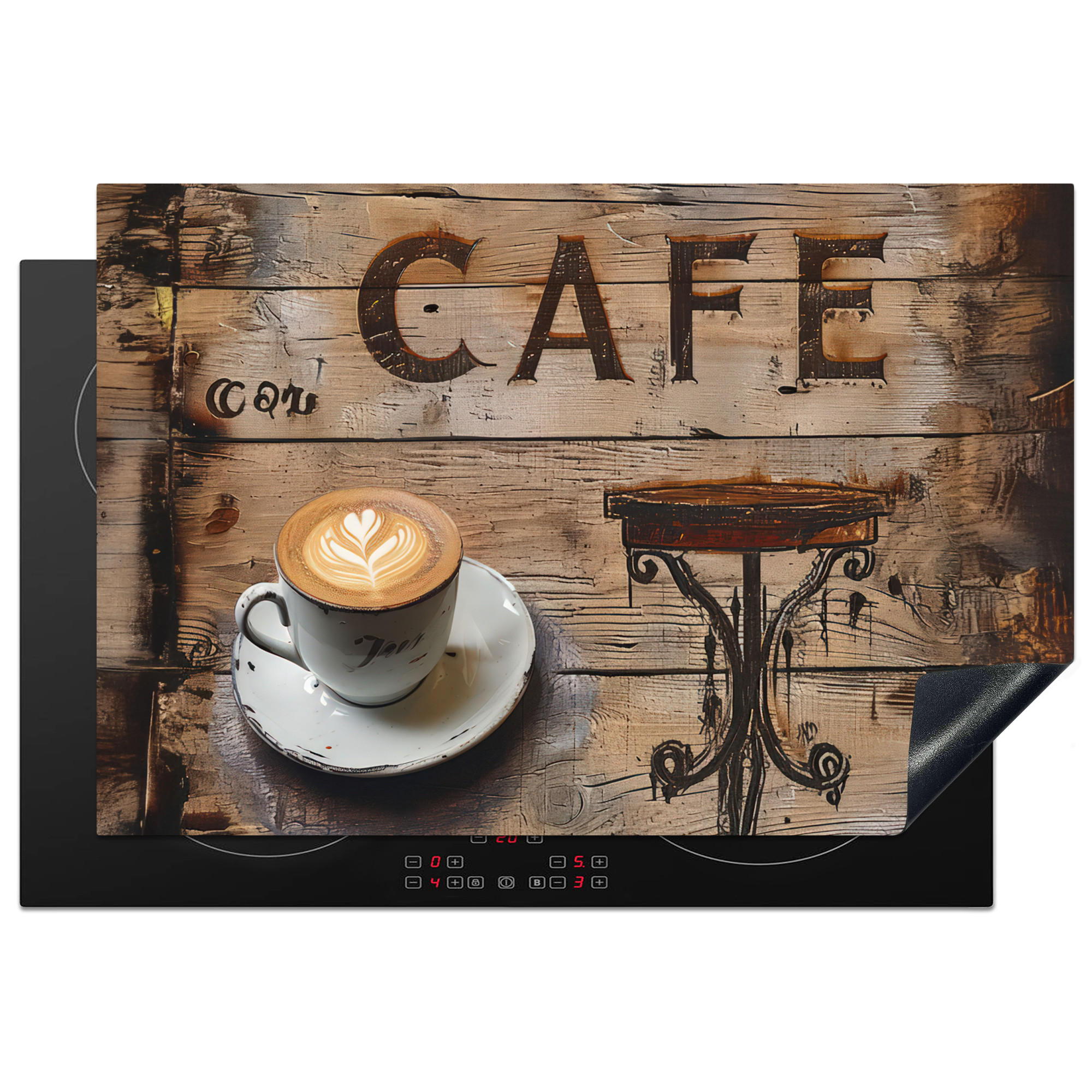 HERDABDECKPLATTE Cafe - Holz - Kaffee - Regale Induktionsmatte 77x51 cm - Schwarz, Kunststoff (77/51/0.2cm) - MuchoWow