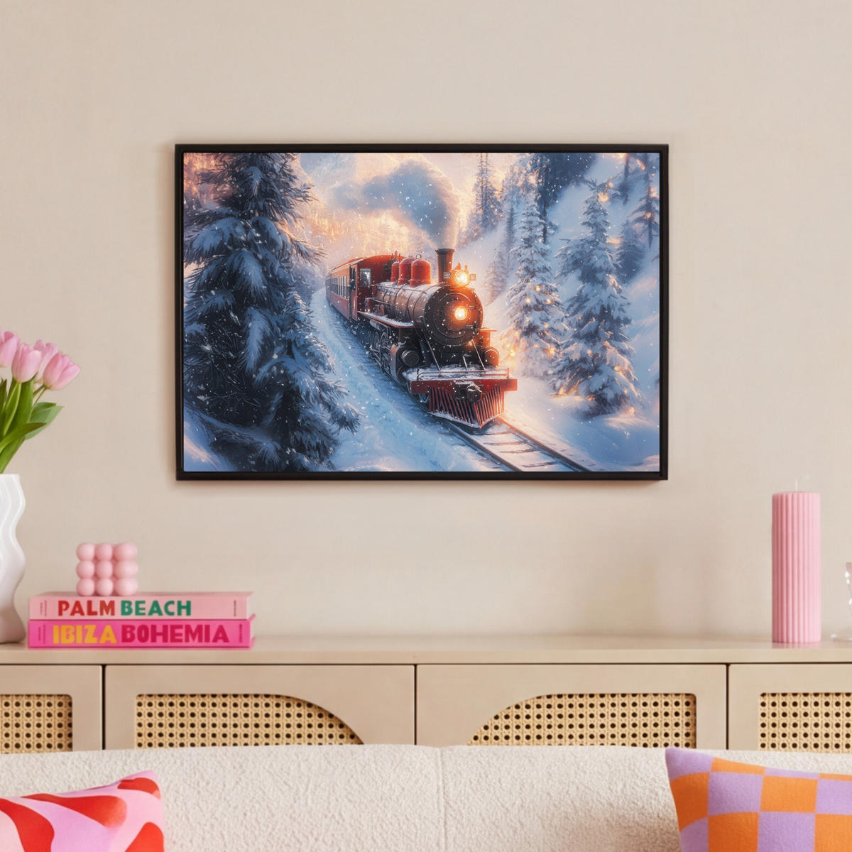 LEINWAND Bilder mit Rahmen - Weihnachtszug - Schnee - Winter - Weihnachten - 60x40 - Dunkelrot, Textil (60/40cm) - MuchoWow