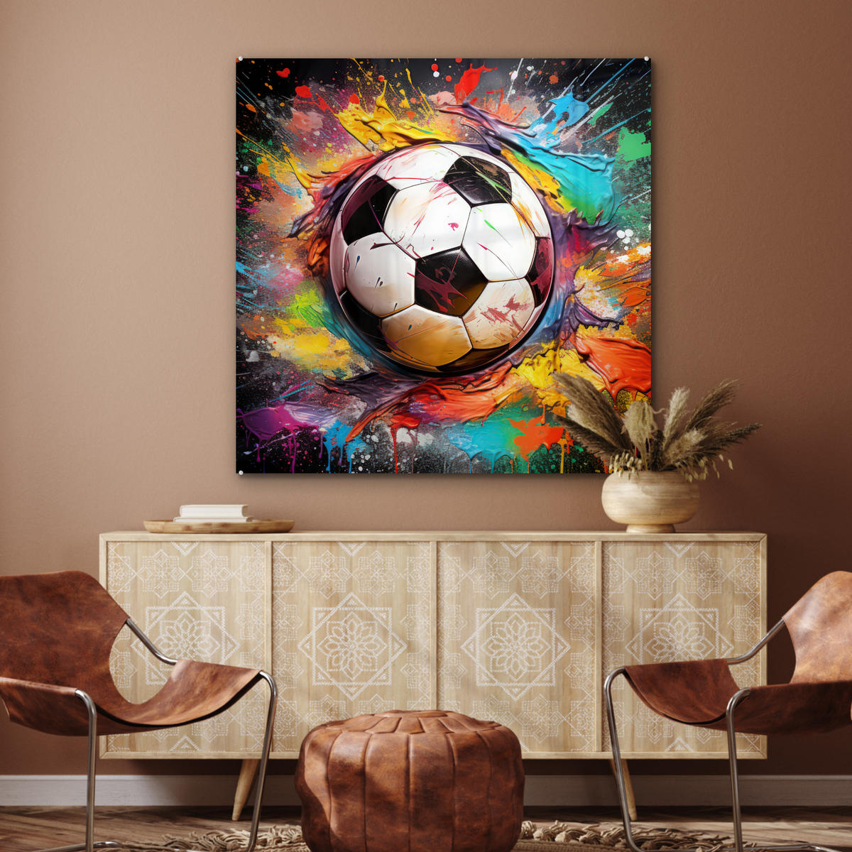 ACRYLGLASBILD Fußball - Farbe - Farben - Schwarz - Weiß 90x90 cm - Weiß, Glas (90/90cm) - MuchoWow