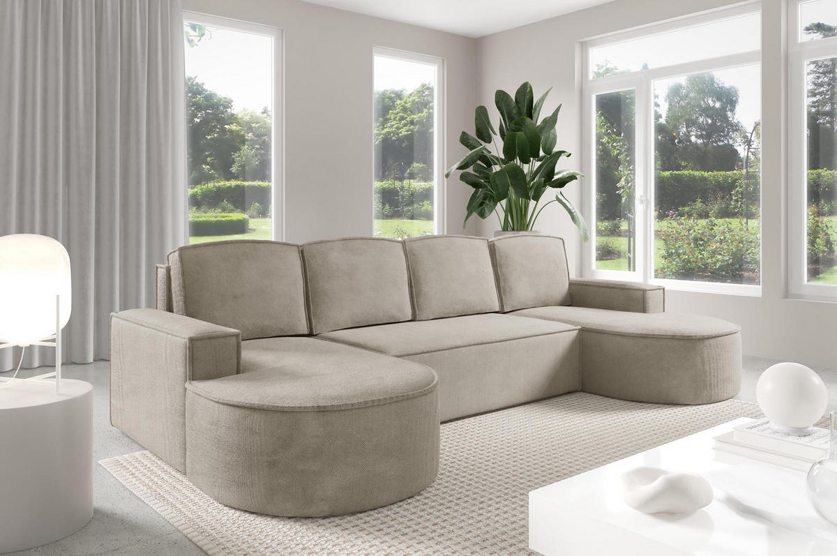 WOHNLANDSHAFT Flow U Kalt Beige, mit Schlaffunktion in Curio Stoff - Beige, Holzwerkstoff/Textil (316/88/157cm) - Bettso