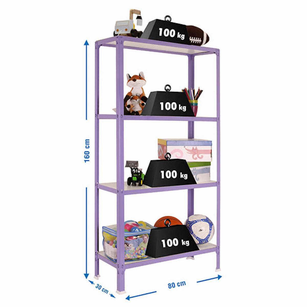 WOHNREGAL LIVING KOALA WOOD mit 4 Fachböden | HxBxT 160x80x30cm | Fachlast 150kg | Lila/Weiß - Lila, Metall (80/160/30cm) - PROREGAL