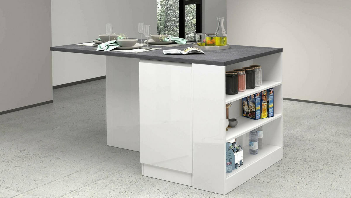 KÜCHENINSEL Glänzendes Weiß, Schiefer 90/160/90 cm - Schieferfarben/Weiß, Holzwerkstoff (160/90/90cm) - DMORA