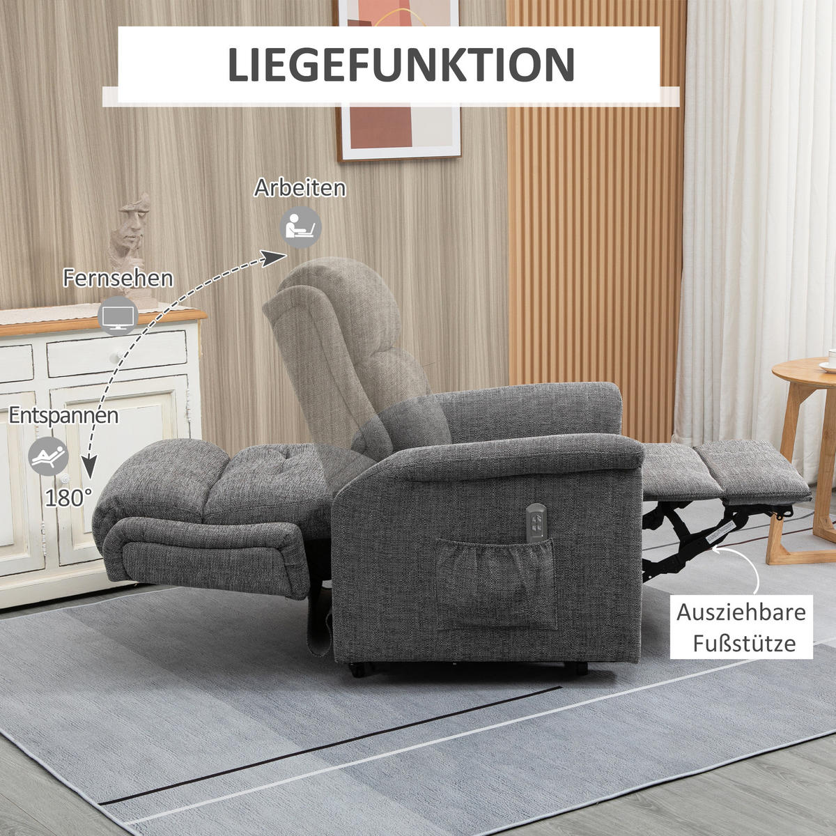 FERNSEHSESSEL mit Aufstehhilfe, Grau - Grau, Kunststoff (87/108/92cm) - HOMCOM