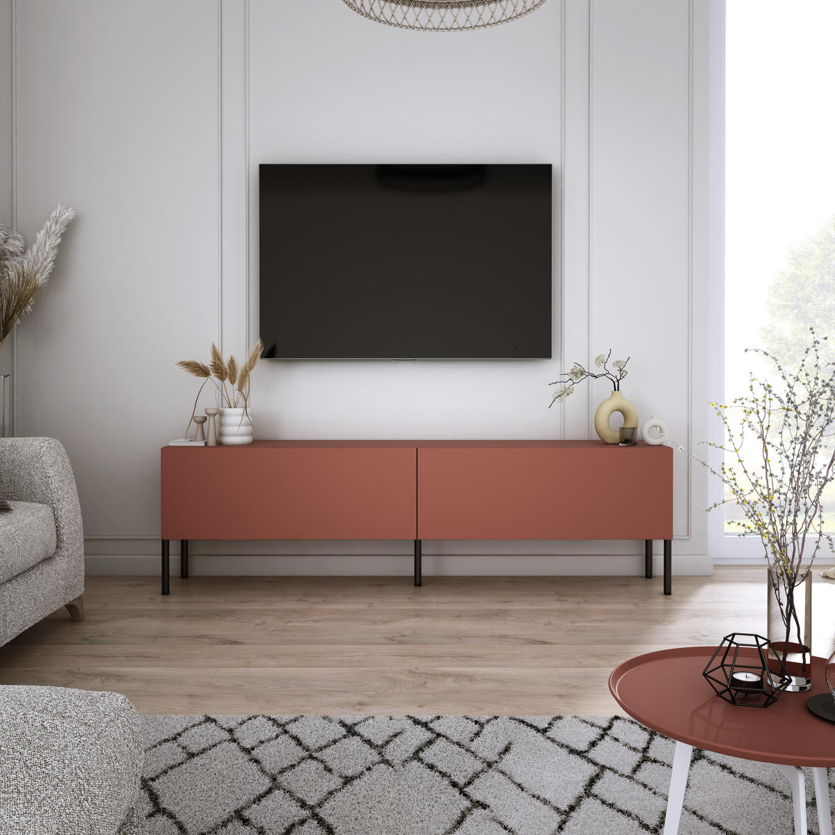 TV-SCHRANK : Ziegelrot, 140 x 52 x 32 cm, schwarze Beine - Rot/Schwarz, Holzwerkstoff/Metall (140/52/32cm) - 3XE LIVING