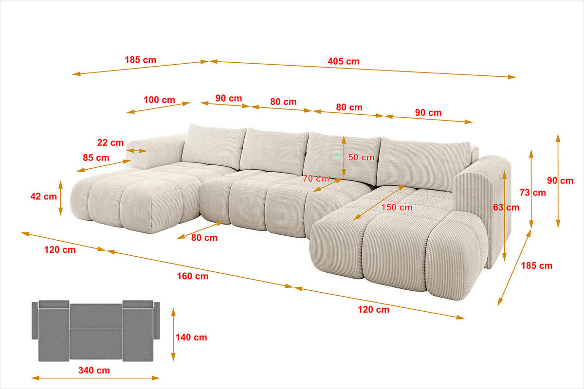 WOHNLANDSCHAFT Ottomane Links CLOUD-U 405x185x90 Beige Cord - Beige, Holzwerkstoff/Kunststoff (405/90/185cm) - ALTDECOR