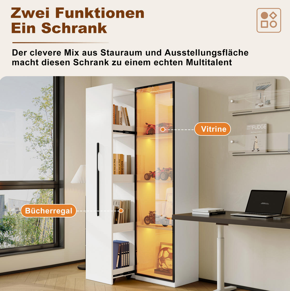 VITRINE 70/40/160 cm mit ausziehbarem Bücherregal, LED-Beleuchtung und Glastür, MDF, Weiß - Weiß, Holzwerkstoff (70/160/40cm) - Redom
