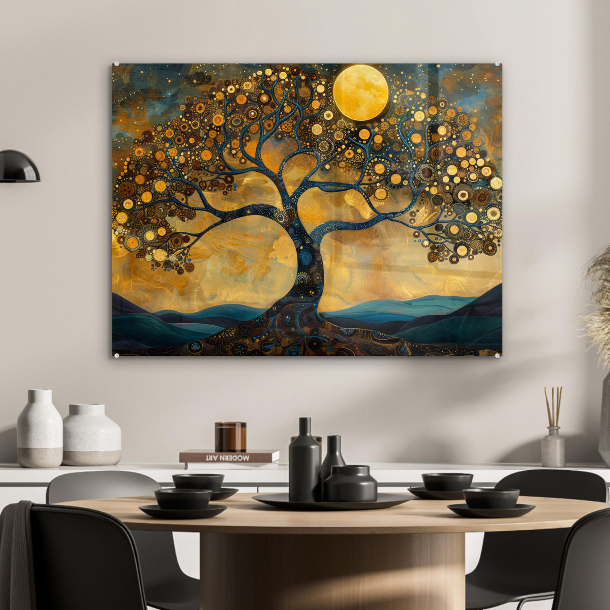 ACRYLGLASBILD Baum - Mond - Blumen - Gold - Kunst 80x60 cm - Orange, Glas (80/60cm) - MuchoWow