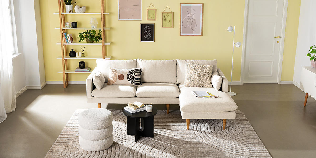 ECKSOFA mit Longchair - Webstoff - Beige/Buchefarben, Holz/Buchenholz (242/150cm) - home24