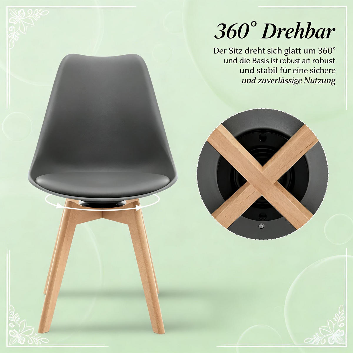 STUHL-SET DE-36197 4 Stück drehbar mit Kunstlederbezug Schwarz - Grau, Holz (40.5/83/40.5cm) - ComfortXL