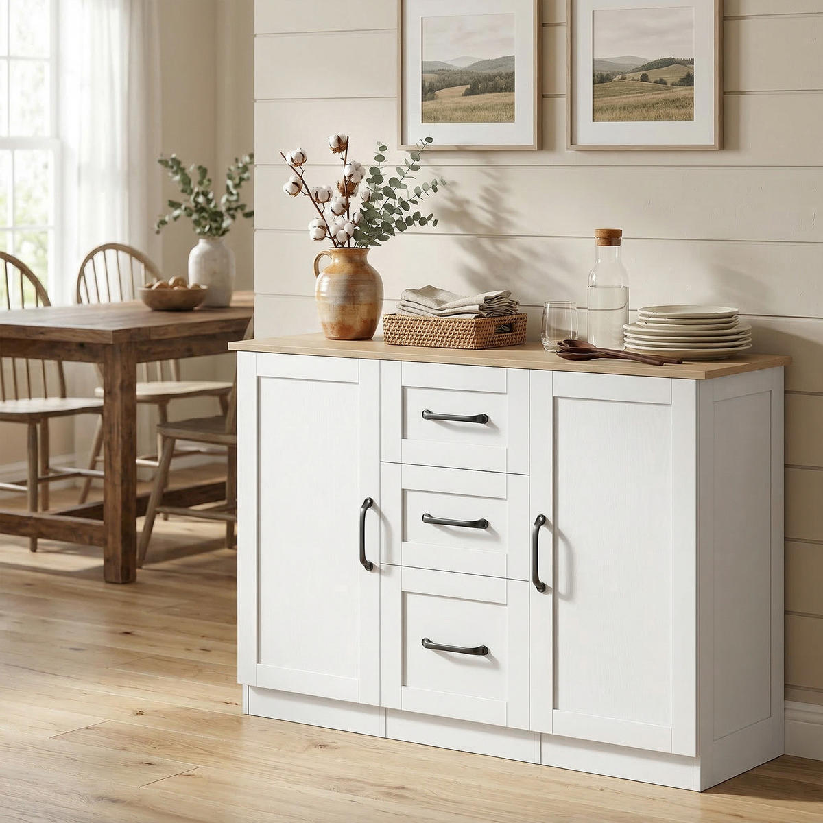 SIDEBOARD DE-11332 2 Soft-Close Türen Weiß/Naturholz - Weiß, Holzwerkstoff (110/80.4/35cm) - ComfortXL