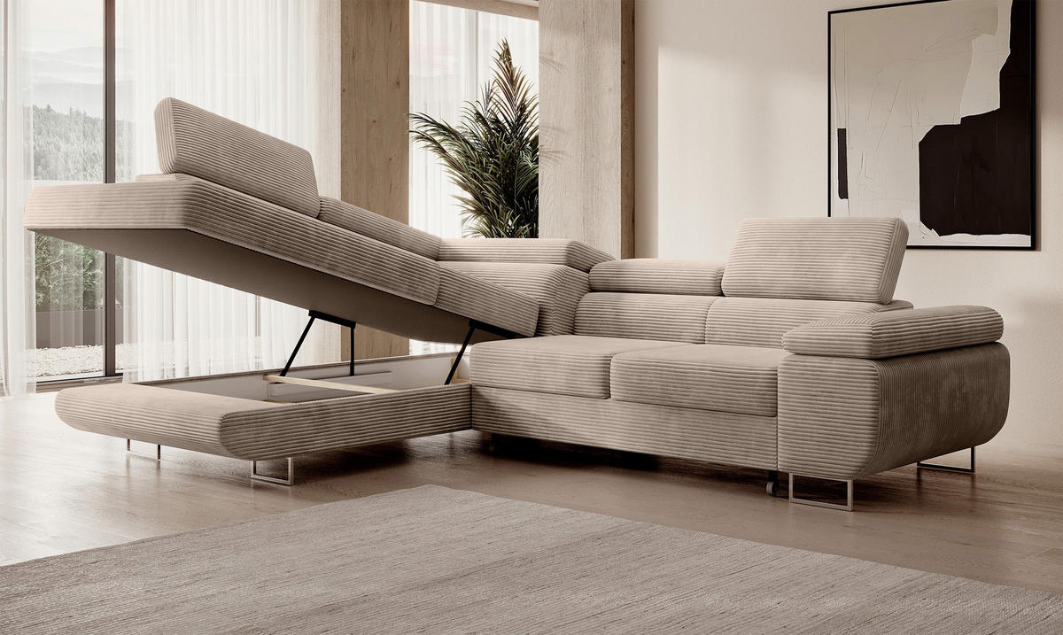 ECKSOFA Stevil Dunkelbeige Cordbezug - Silberfarben/Mokka, Textil/Metall (275/203cm) - Selsey