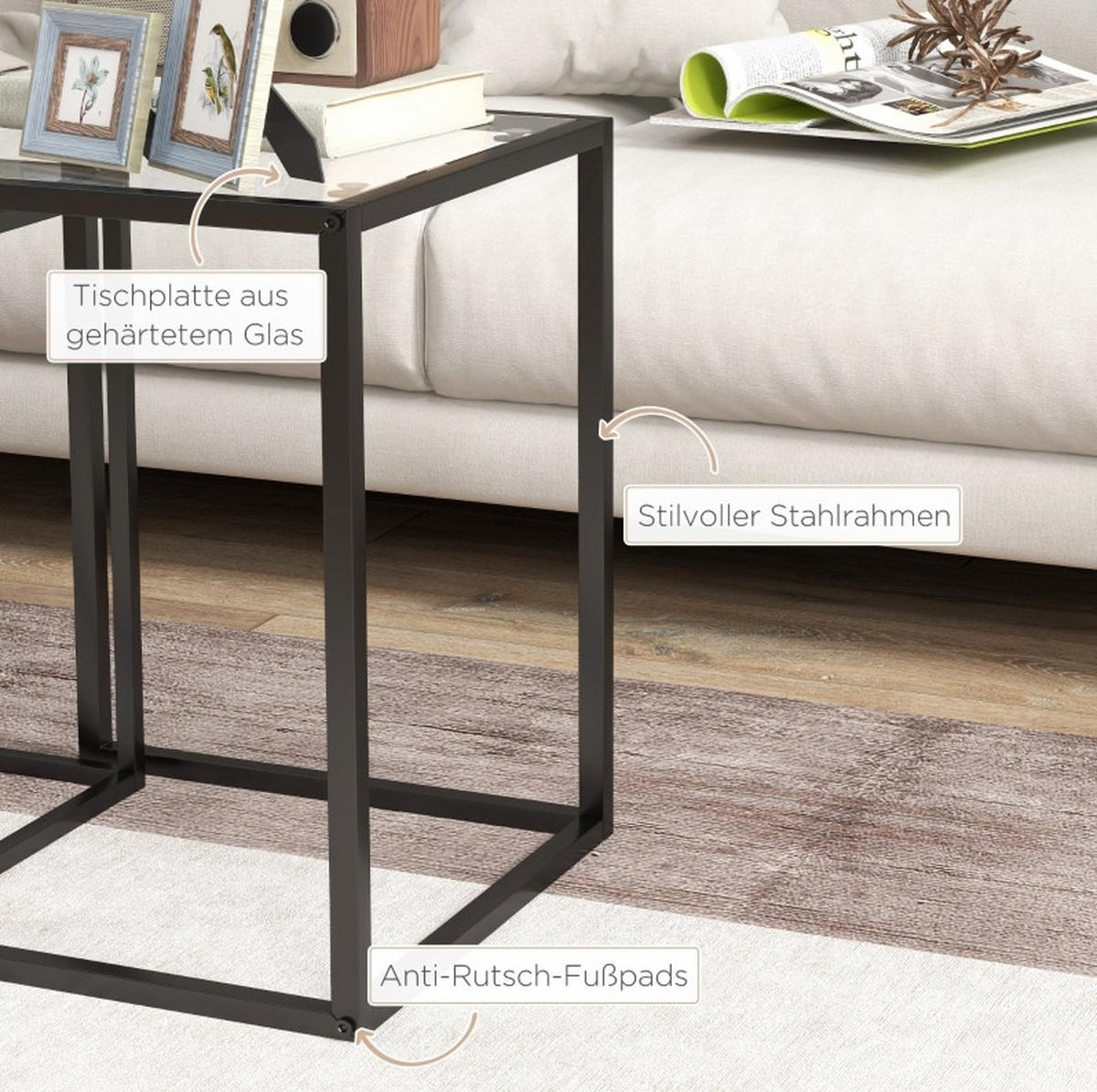 COUCHTISCH aus gehärtetem Glas 42x42x51 & 33x33x45,5 cm in Schwarz - Schwarz, Glas (42/42/51cm) - Modfu