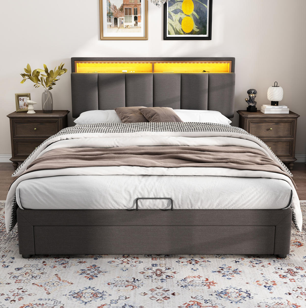 POLSTERBETT 140/200 cm mit LED-Beleuchtung, Lattenrost und Stauraum, Leinenoptik, Grau - Grau, Textil (140/200cm) - Redom