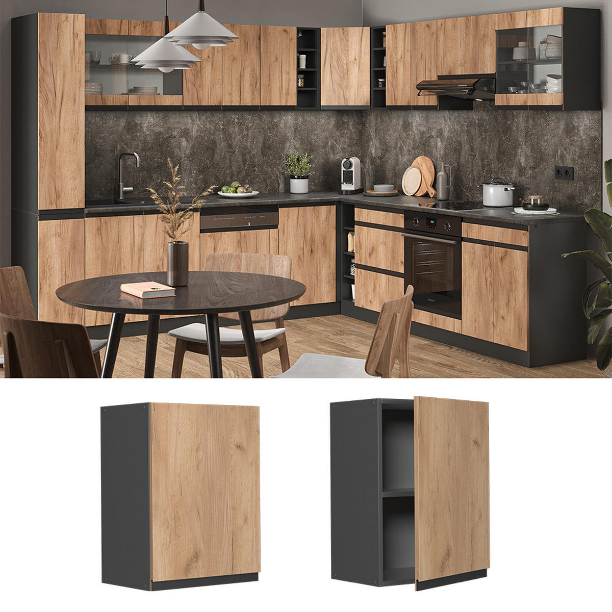 HÄNGESCHRANK R-Line Goldkraft Eiche 45 cm J-Shape - Honigeiche/Anthrazit, Holzwerkstoff (45/60/31cm) - Vicco