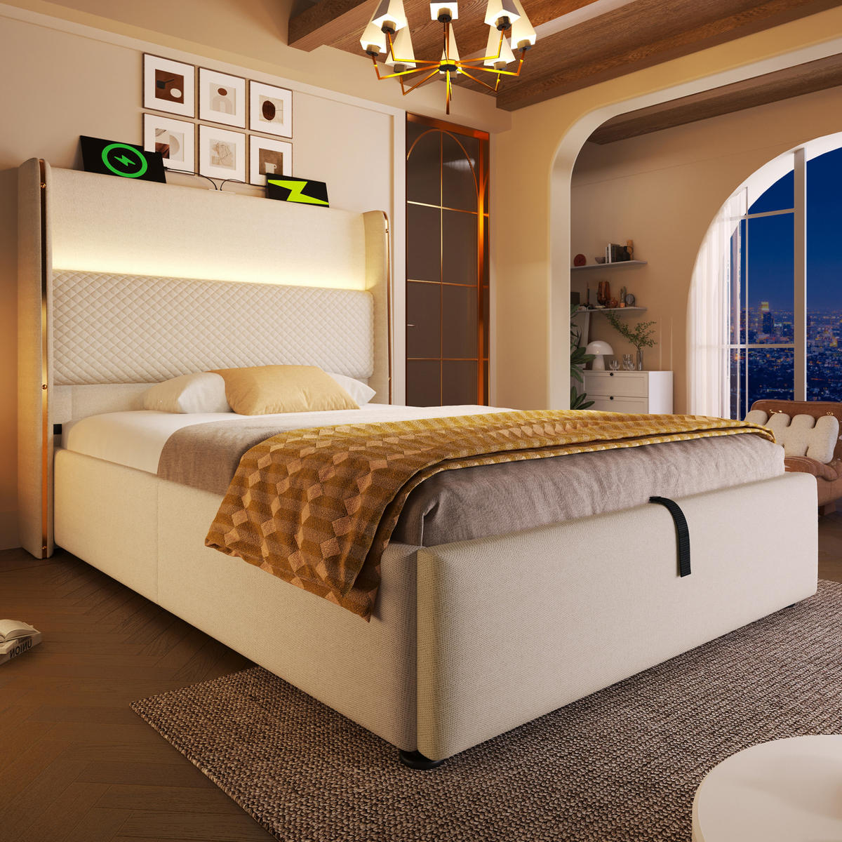 POLSTERBETT 90/200 cm Beige aus Leinen mit LED und Stauraum - Beige, Textil (90/200cm) - OKWISH