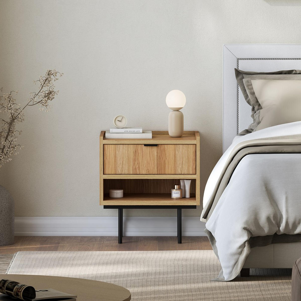 NACHTTISCH Evron mit 1 Schublade, Hikora Eiche - Eichefarben/Schwarz, Holzwerkstoff/Metall (51/55/40cm) - Beautysofa