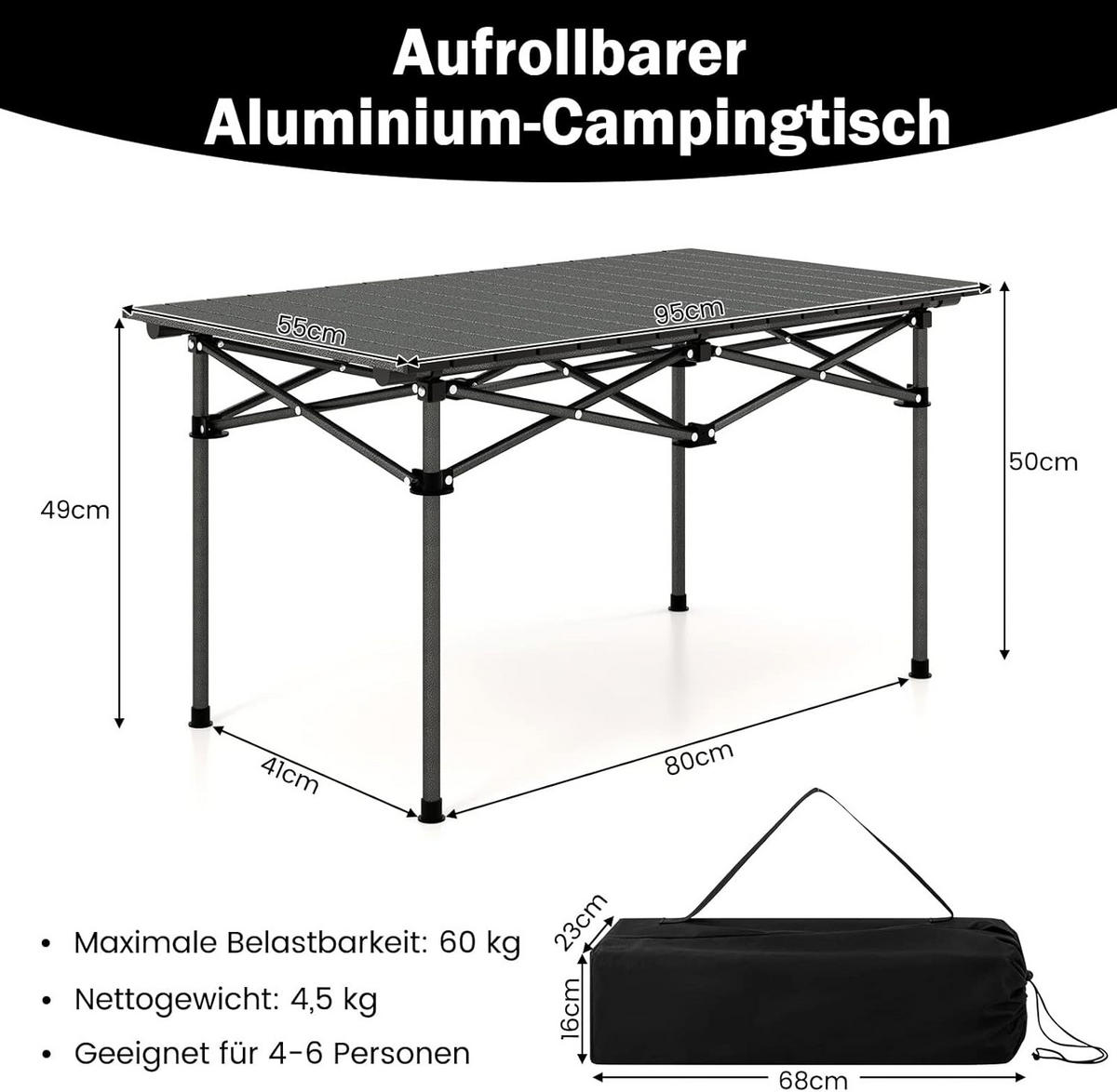 CAMPINGTISCH Schwarz - Schwarz, Metall (55/95/50cm) - COSTWAY