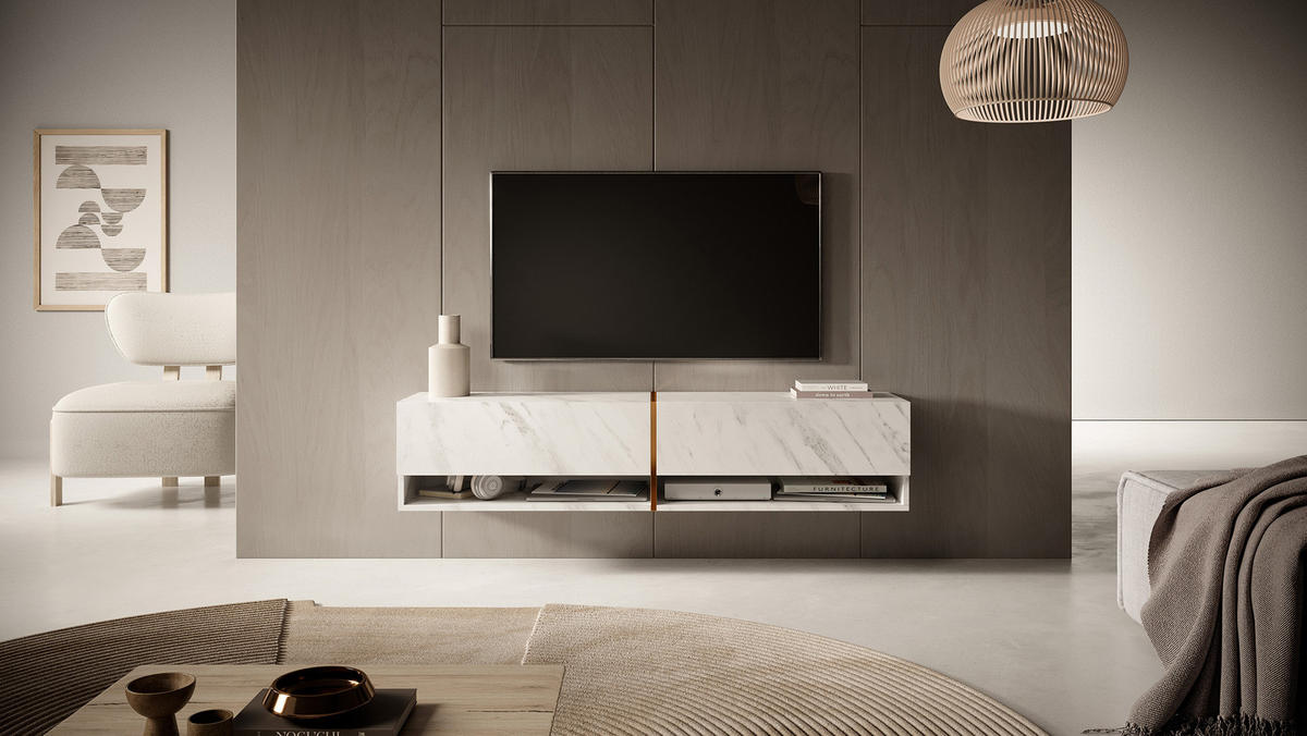 TV-SCHRANK Mirrgo weiße Marmor-Optik 140 cm - Weiß, Holzwerkstoff (140/30/31.6cm) - Selsey