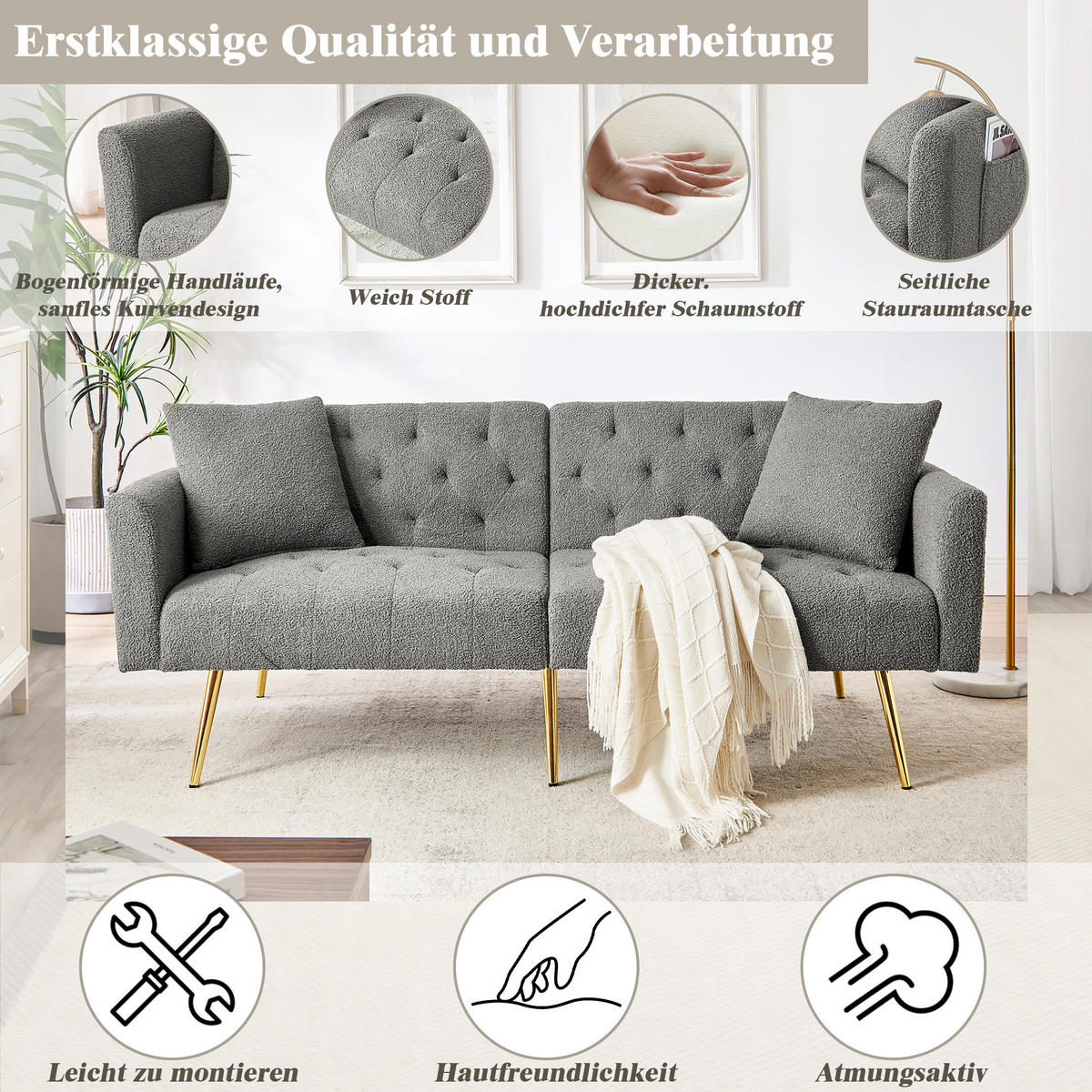SCHLAFSOFA 177/78/74 cm in Gray Teddyfell mit Aufbewahrungstasche - Grau, Textil (177/74/78cm) - Oxeza