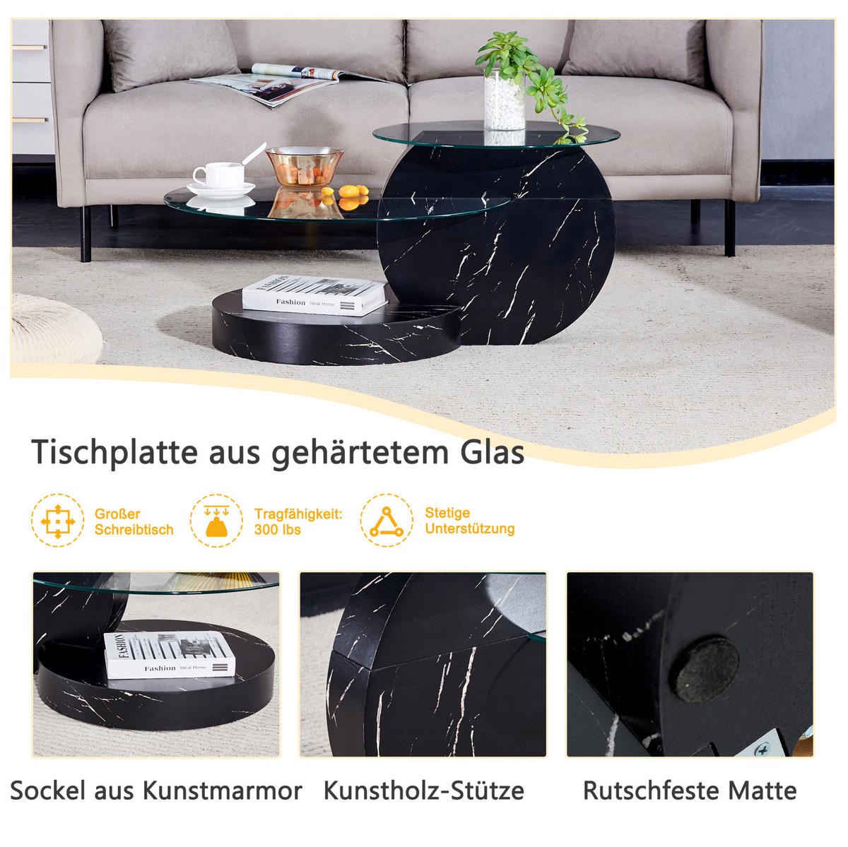 COUCHTISCH 90/70/43 cm mit mehrstufigen Ablagen und gehärtetem Glas, Schwarz/Transparent - Transparent, Holzwerkstoff (89.9/69.9/43.2cm) - Redom