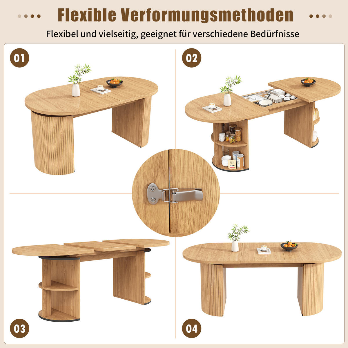ESSTISCH in Natufarben Ausziehbarer Küchentisch mit verstecktem Stauraum, für Küche, Arbeitszimmer und Wohnzimmer - Hellbraun, Holzwerkstoff/Metall (160/80/76cm) - STILVORA